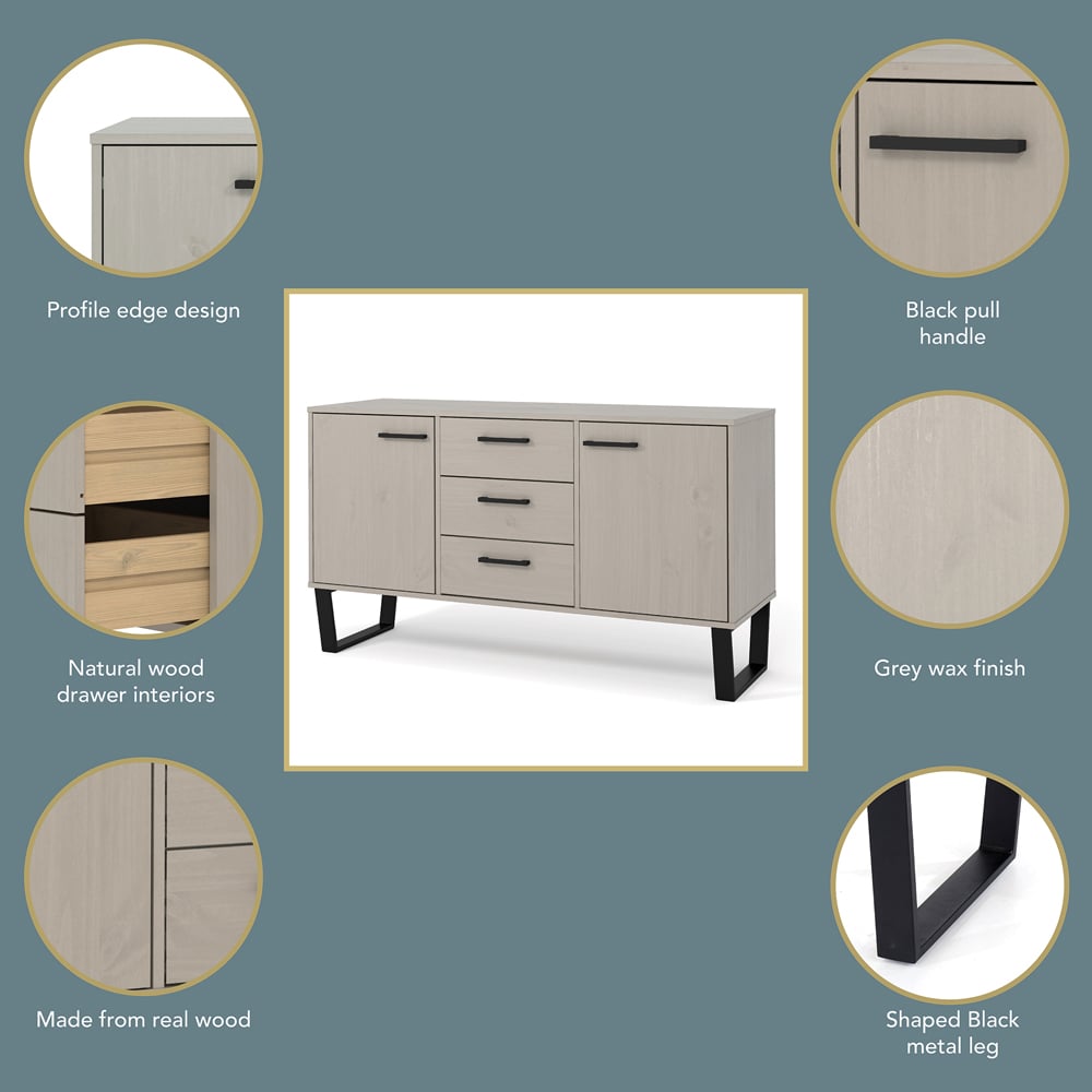 Texas 2 Door 3 Drawer Grey Medium Sideboard Image 5