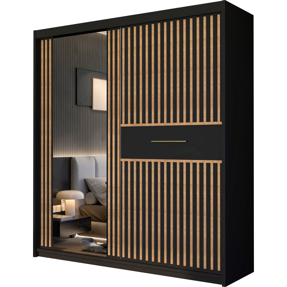 M N Furniture Laiyal 2 Door Black Mirrored Sliding Wardrobe with Oak Strip 150cm Image 2