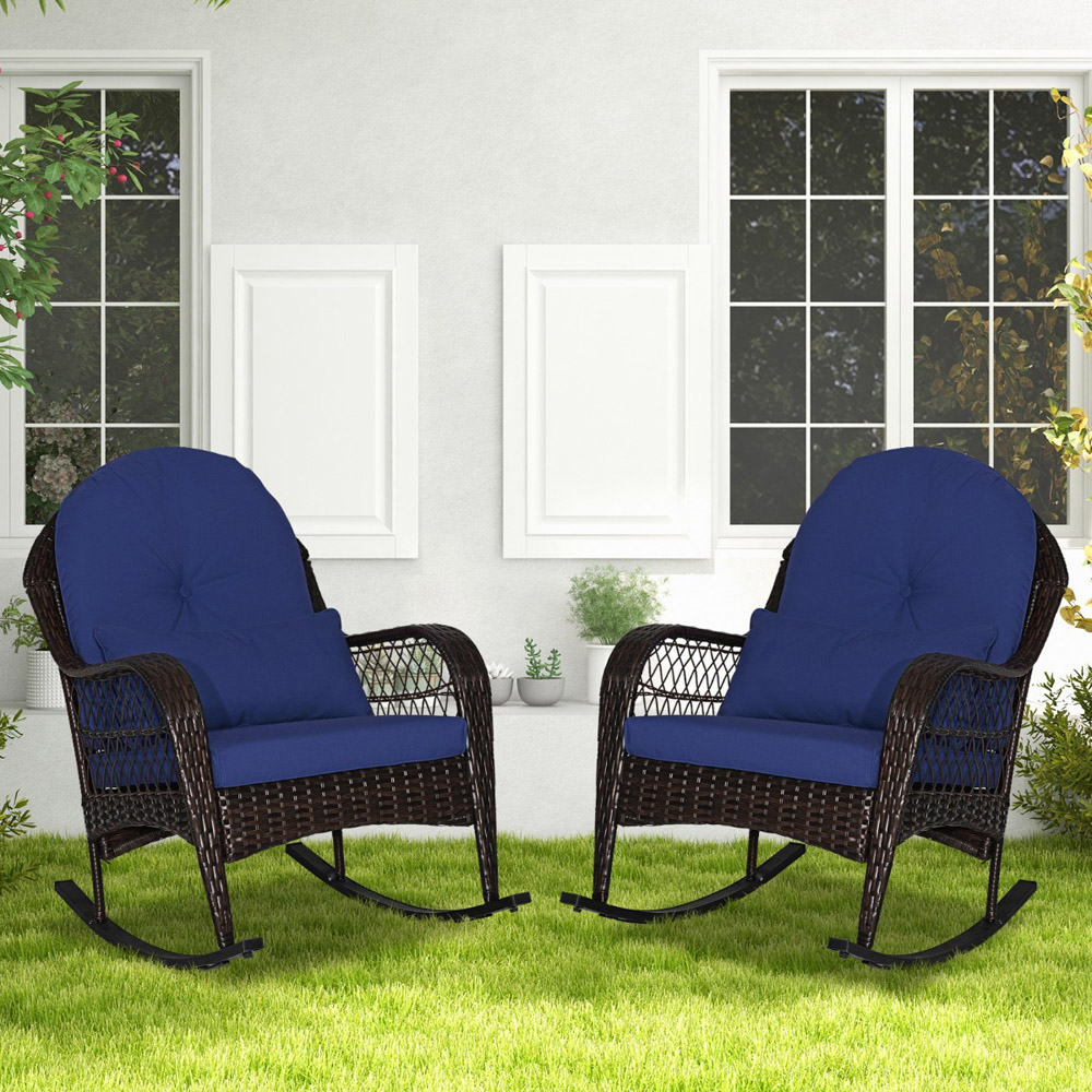 Costway Navy Patio Rattan Rocking Chair with Seat Back Cushions and Waist Pillow Image 3