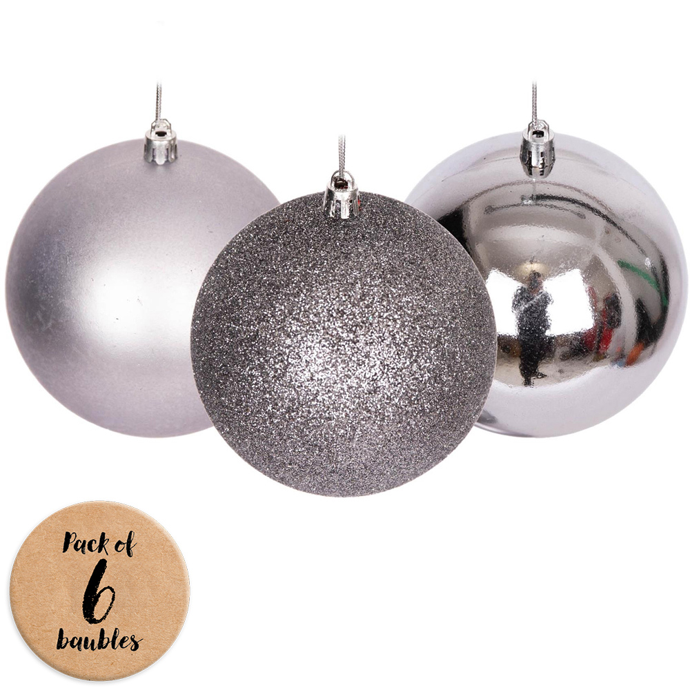 Shatchi 10cm Mid Grey Luxury Bauble 6 Pack Image 1