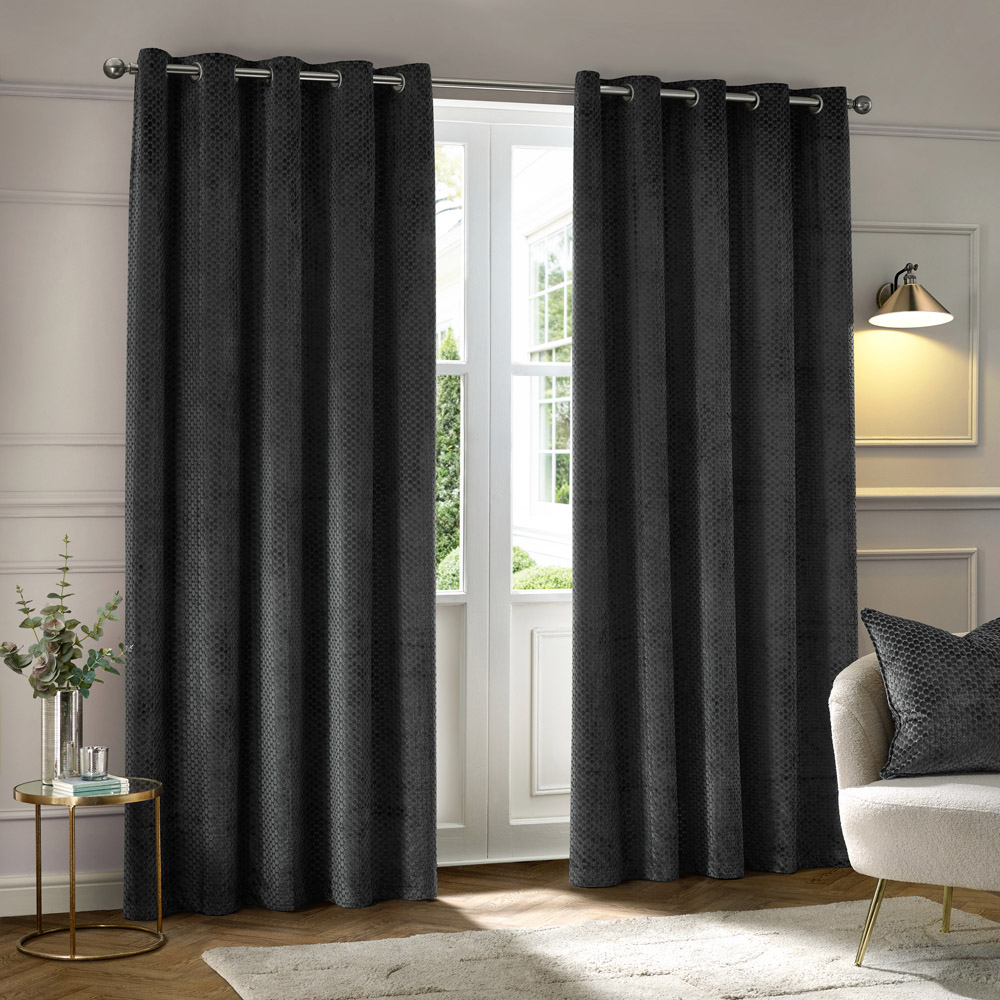 Paoletti Neptune Charcoal Fully Lined Velvet Eyelet Curtains 168 x 183cm Image 1