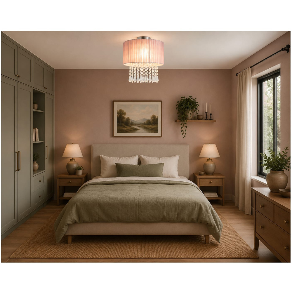 Cosylyte Winni Modern Beaded Voile Pink Shade Chrome Ceiling Light Image 2