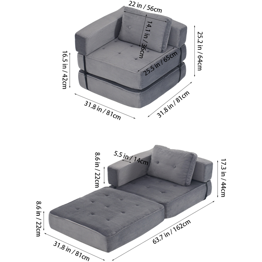 Living and Home Single Seater Grey Foldable Corduroy Upholstered Sofa Bed Image 9