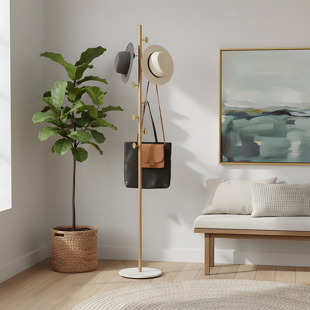 Living and Home Gold Minimalist Coat Stand with 8 Hooks and Marble Base Image 2