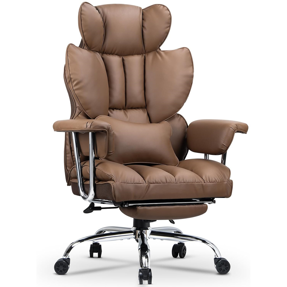 Rattrix Brown Leather Ergonomic High Back Swivel Office Chair with Footrest Image 2