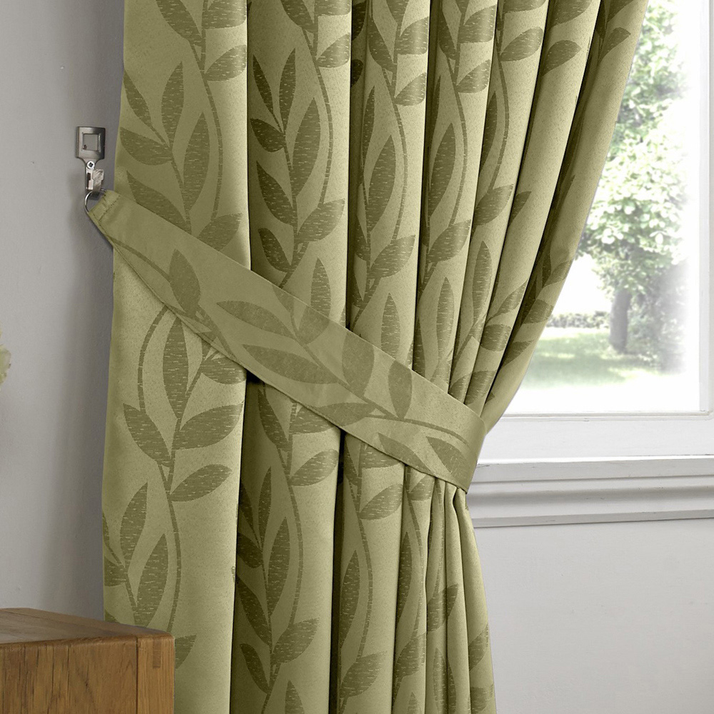 Alan Symonds Dupion Green Leaf Jacquard Ring Top Eyelet Curtains 229 x 274cm Image 3