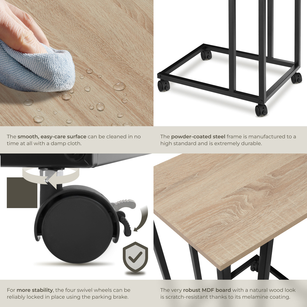 Tectake Luton C-Shape Sonoma Oak Bedside Table with Swivel Castors Image 5
