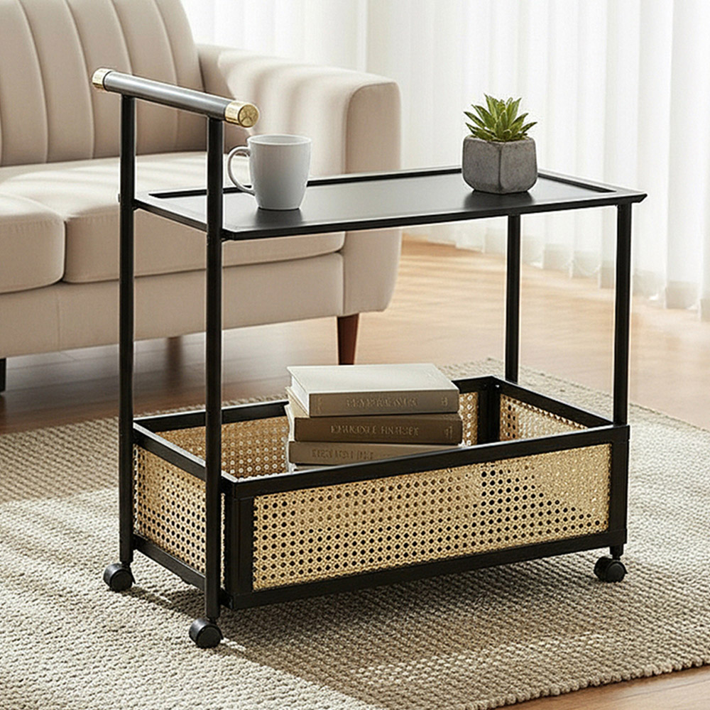 Living and Home 2-Tier Black Faux Rattan Side Table with Castors Image 1