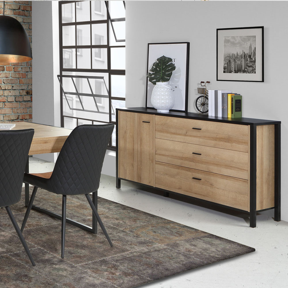 Florence High Rock Single Door 3 Drawer Matt Black and Riviera Oak Sideboard Image 6