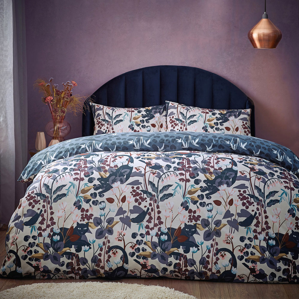 furn. Midnight Panther King Size Dusky Blue Duvet Set Image 1