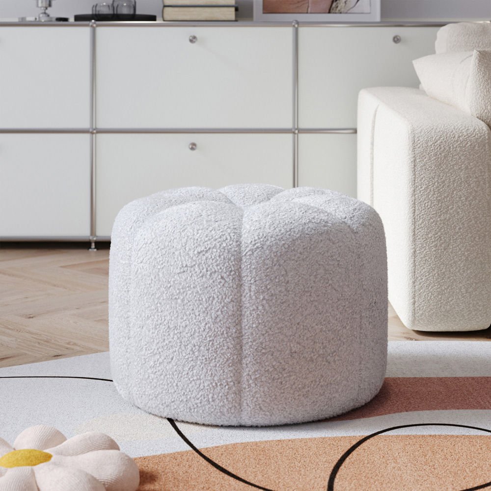 Living and Home White Round Teddy Fabric Footstool Image 8