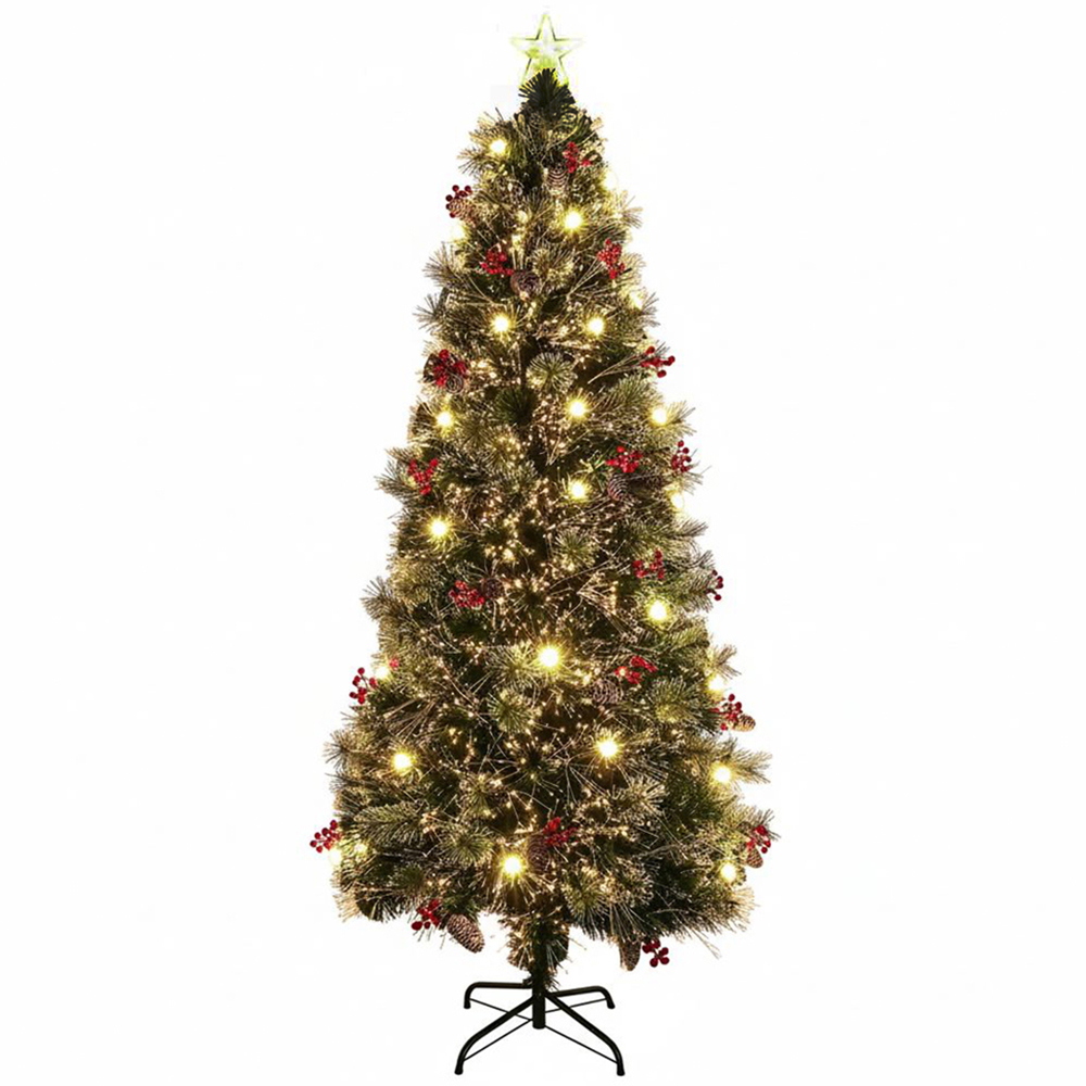 The Christmas Centre 26 Warm White LED Green Fibre Optic Artificial Xmas Tree with Berries Cones 5ft Image 1