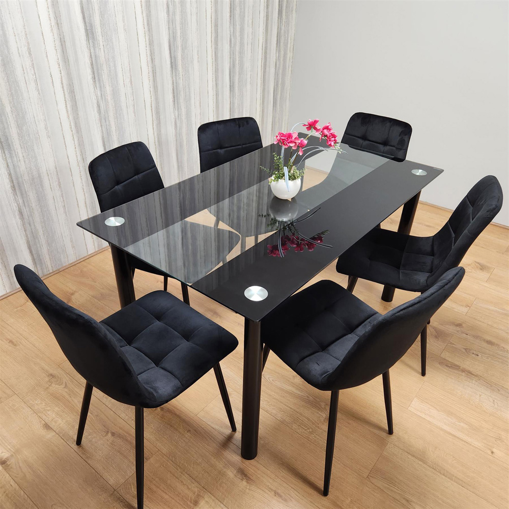 Portland Glass 6 Seater Velvet Dining Set Black Image 5