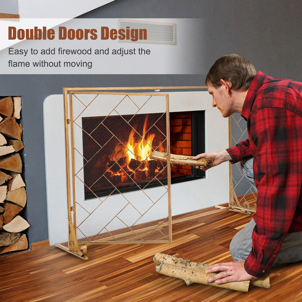 Costway 2 Panel Golden Double Magnetic Doors Mesh Fireplace Screen Image 5