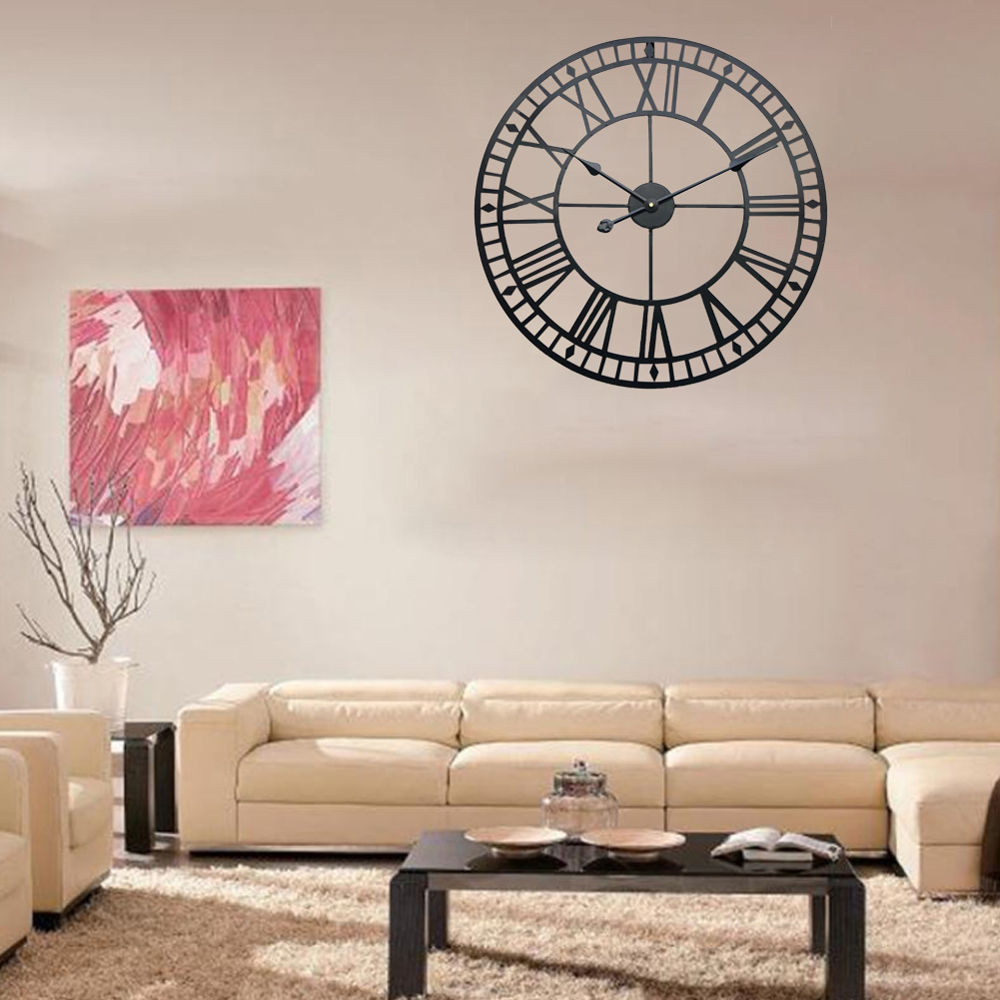 Living and Home Black Roman Round Metal Wall Clock 42cm Image 2