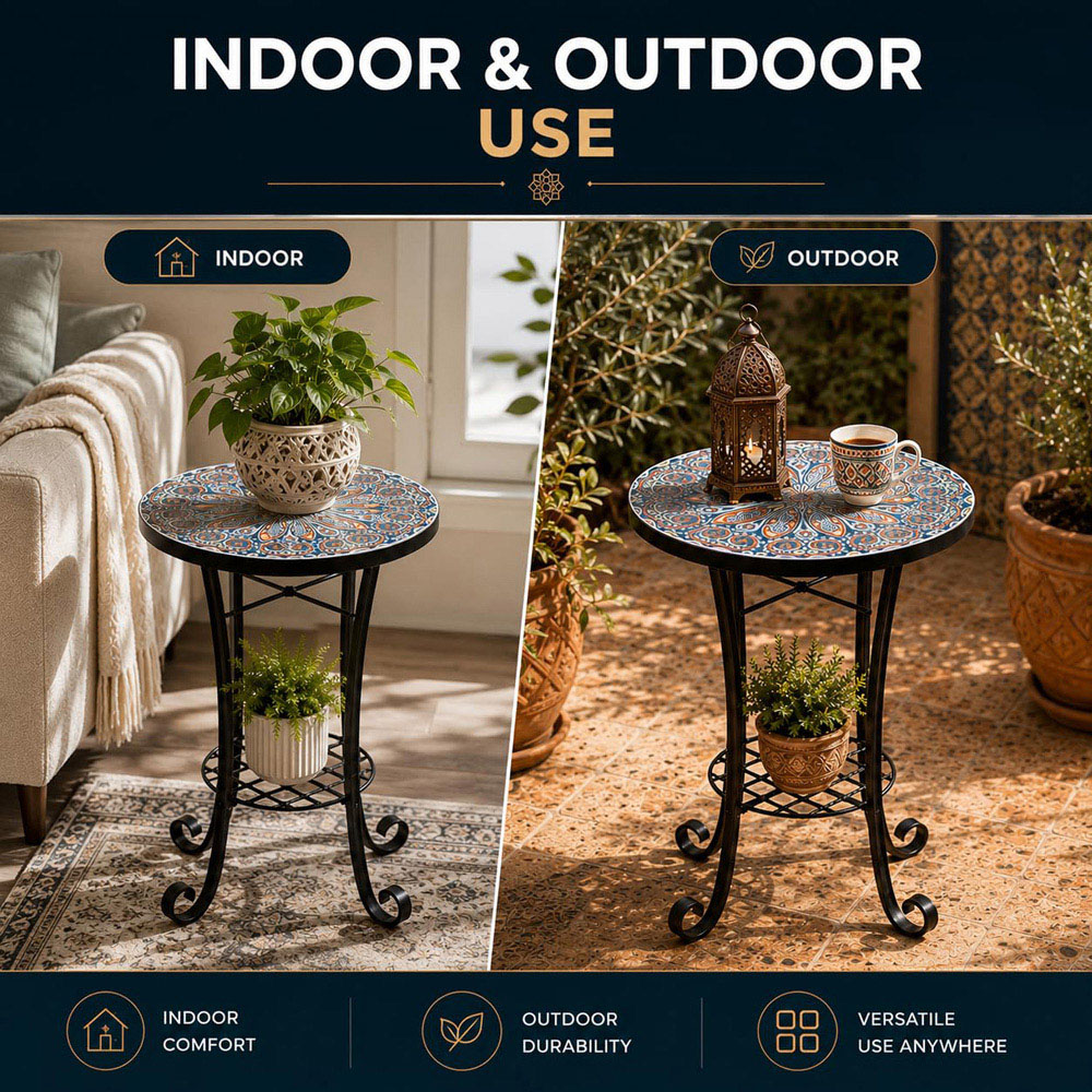Shatchi Cairo 2-in-1 Single Shelf Mosaic Ceramic Tile Top Plant Stand Side Table Image 5