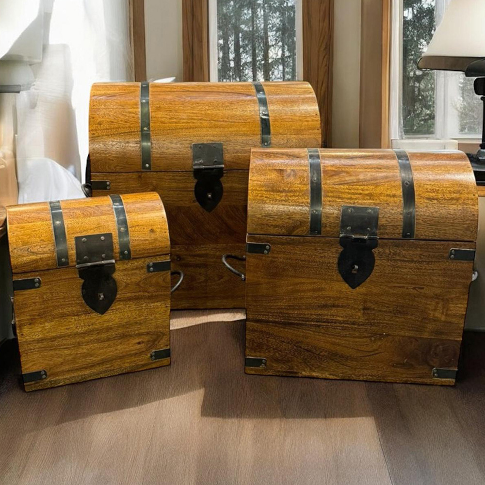 Acacia Home Brown Wooden Chests 45cm Set of 3 Image 1