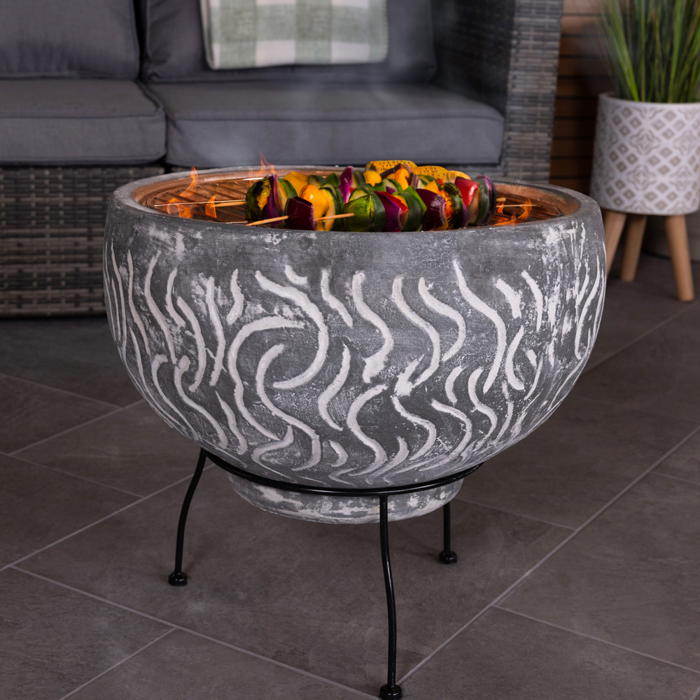 Snug Toledo Grey Wave Design Clay BBQ Firepit Bowl with Removable Grill Image 2