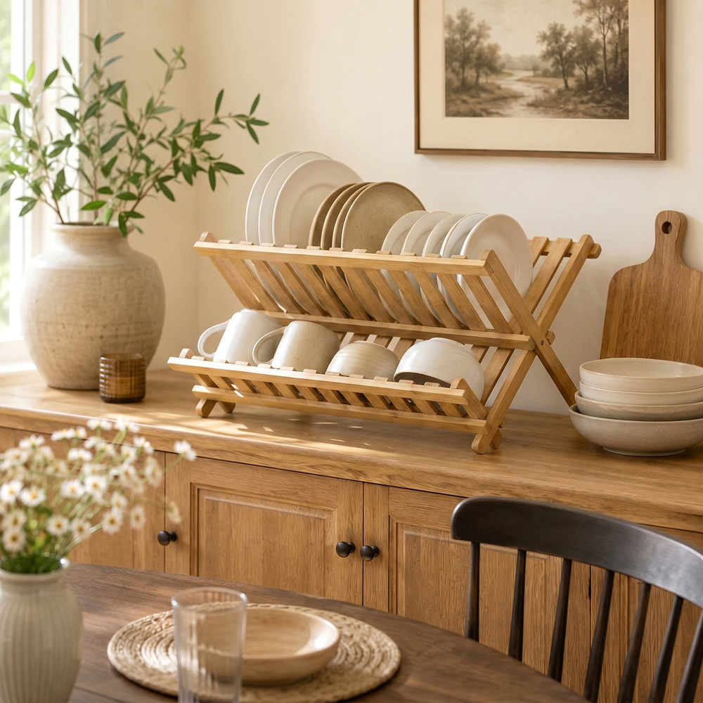 HOMCOM 2-Tier Natural Foldable Kitchen Storage Unit with Slatted Draining Shelves Image 3