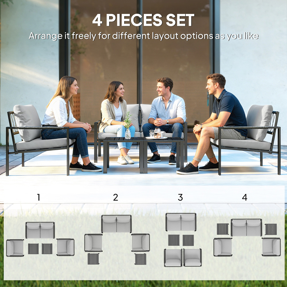 Outsunny 4 Seater Light Grey Metal Garden Lounge Set with Cushion Image 7