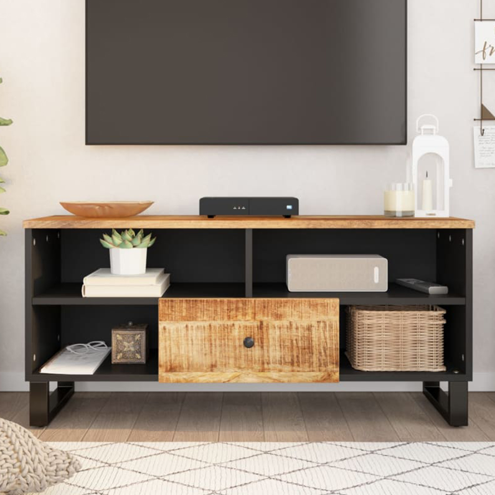 vidaXL Single Drawer 4 Shelf Light Brown Solid Mango Wood TV Cabinet Image 1