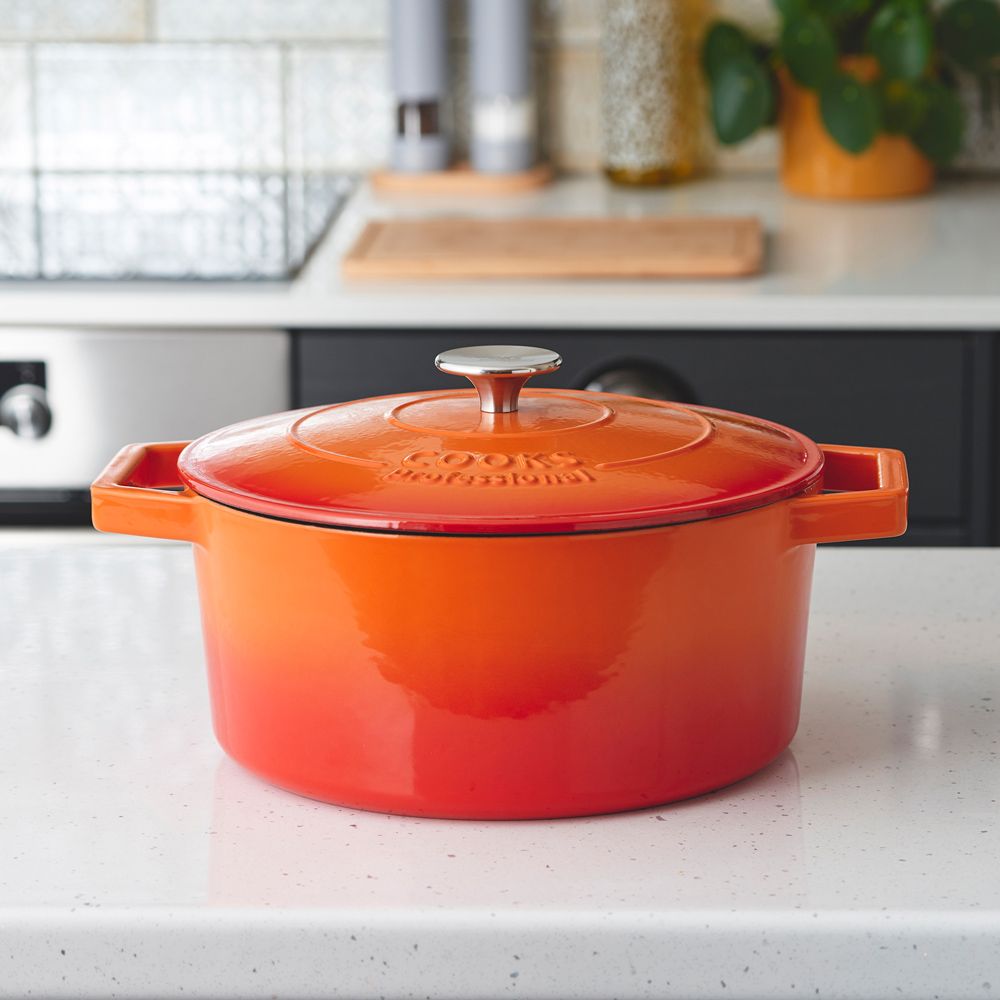 Cooks Professional 26cm Orange Cast Iron Casserole Dish with Lid Image 2