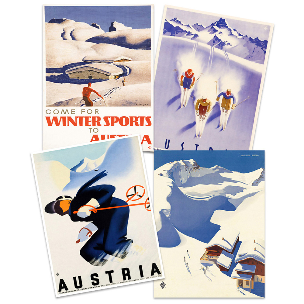 Wee Blue Coo Vintage Austria Travel Winter Sport Snow Alps Wall Art Print 30 x 41cm 4 Pack Image 1
