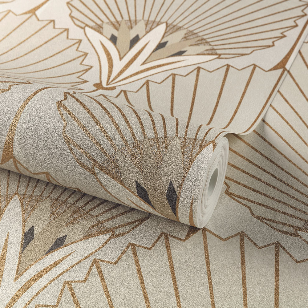 Grandeco Art Deco Nile Palm Beige and Gold Textured Wallpaper Image 2