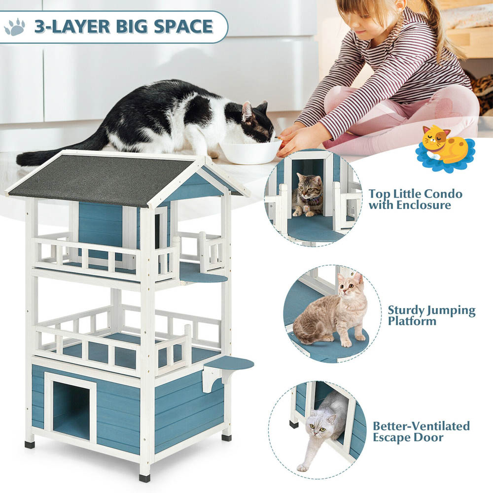 Costway 3 Storey Wooden Cat House with Enclosure Image 6