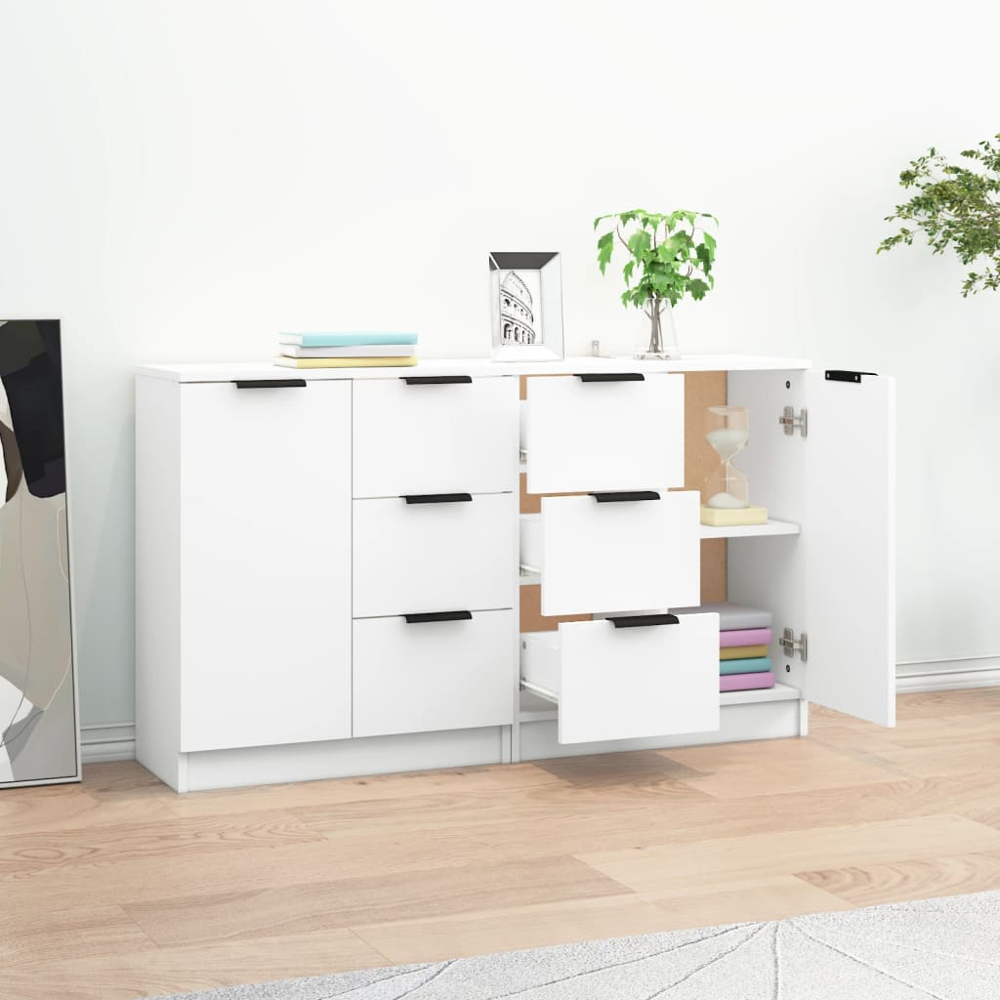 vidaXL Single Door 3 Drawer White Sideboard Set of 2 Image 3
