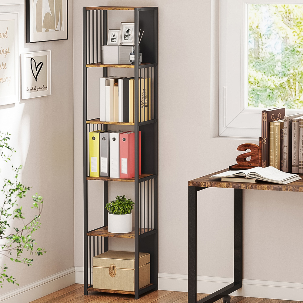 HOMCOM 5 Shelf Rustic Brown Freestanding Bookshelf Image 1