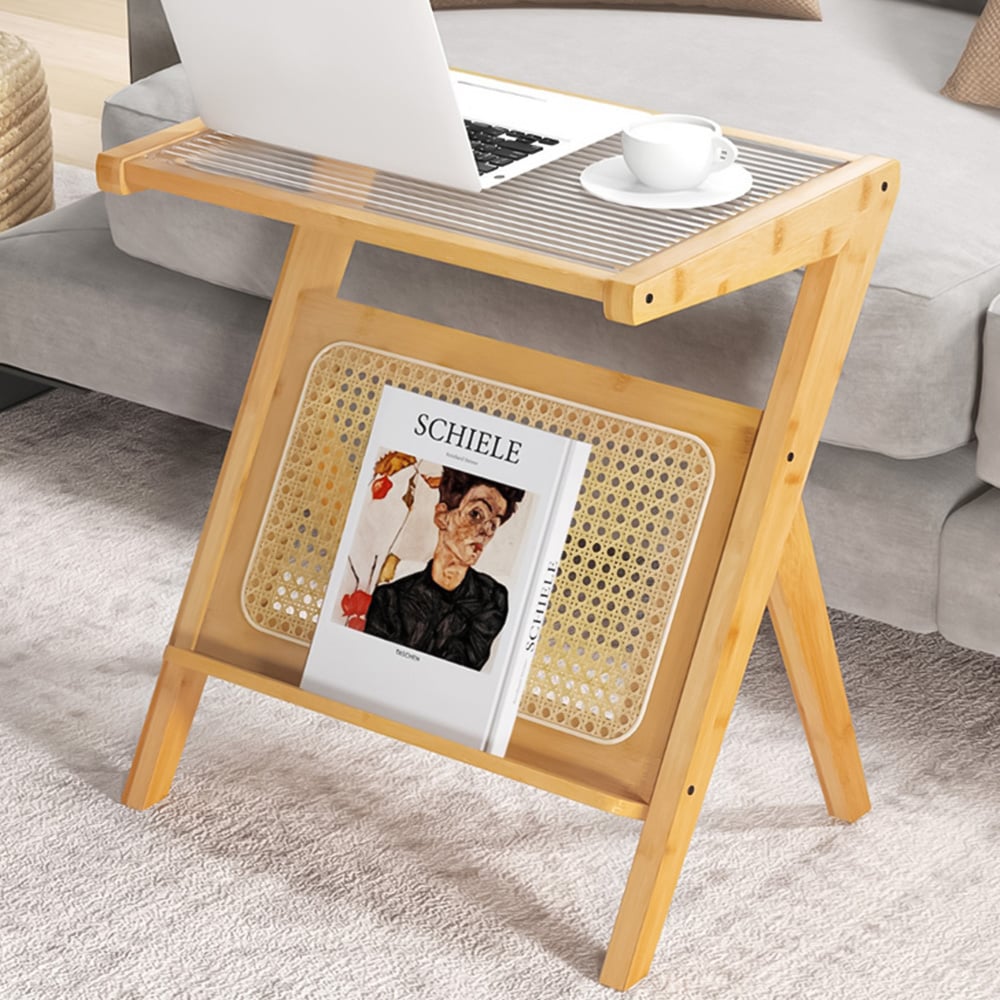 Costway Single Shelf Natural Bamboo Accent Bedside Table with Tempered Glass Top Image 1