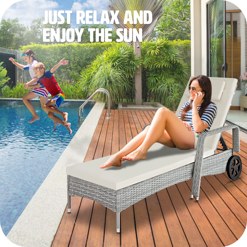 tectake Cassis Light Grey 6 Level Adjustable Sun Lounger with Removable Headrest and Wheels Image 7