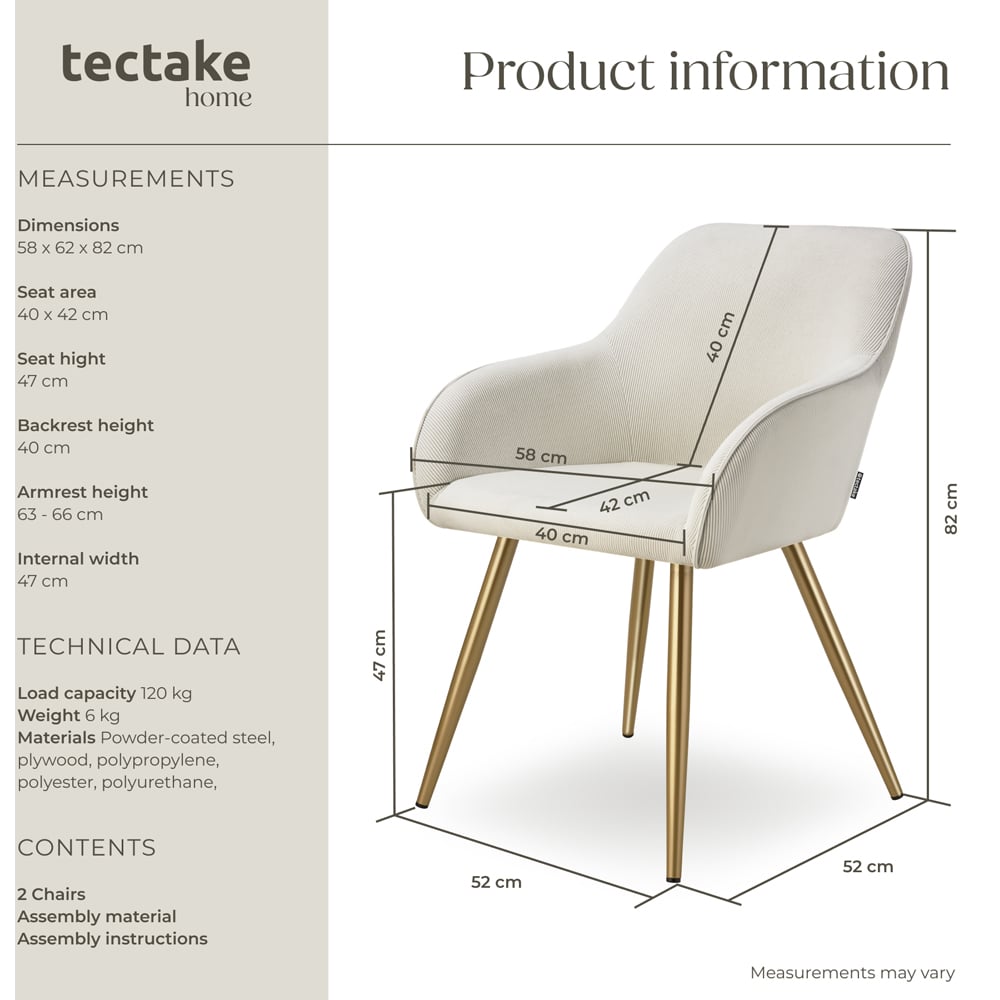 tectake Marilyn Set of 2 Cream and Gold Corduroy Padded Dining Chair Image 9