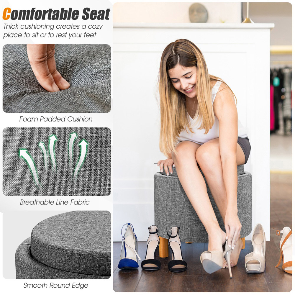 Costway Grey Round Padded Ottoman Stool Image 6