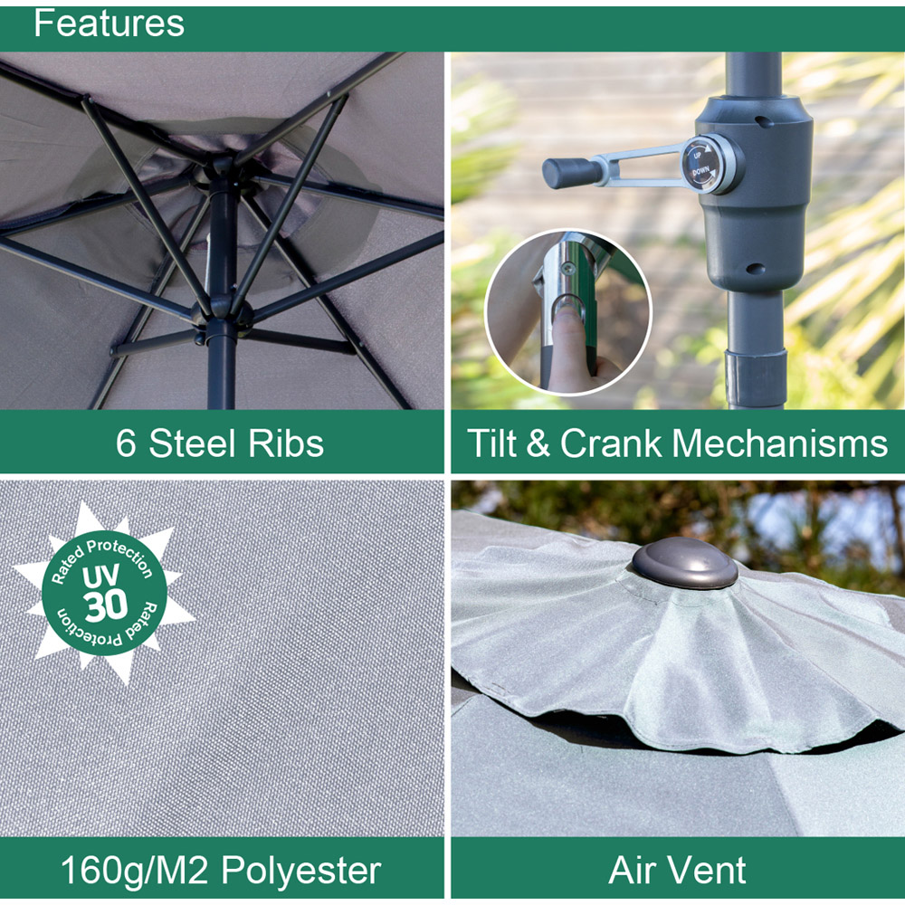 GardenKraft Grey 6 Ribs Crank and Tilt Parasol 2.7m Image 5