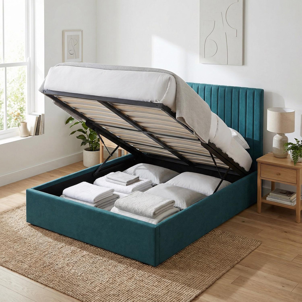 FWStyle Sollom Double Teal Upholstered Lift-Up Ottoman Bed Frame with Ribbed Headboard Image 2