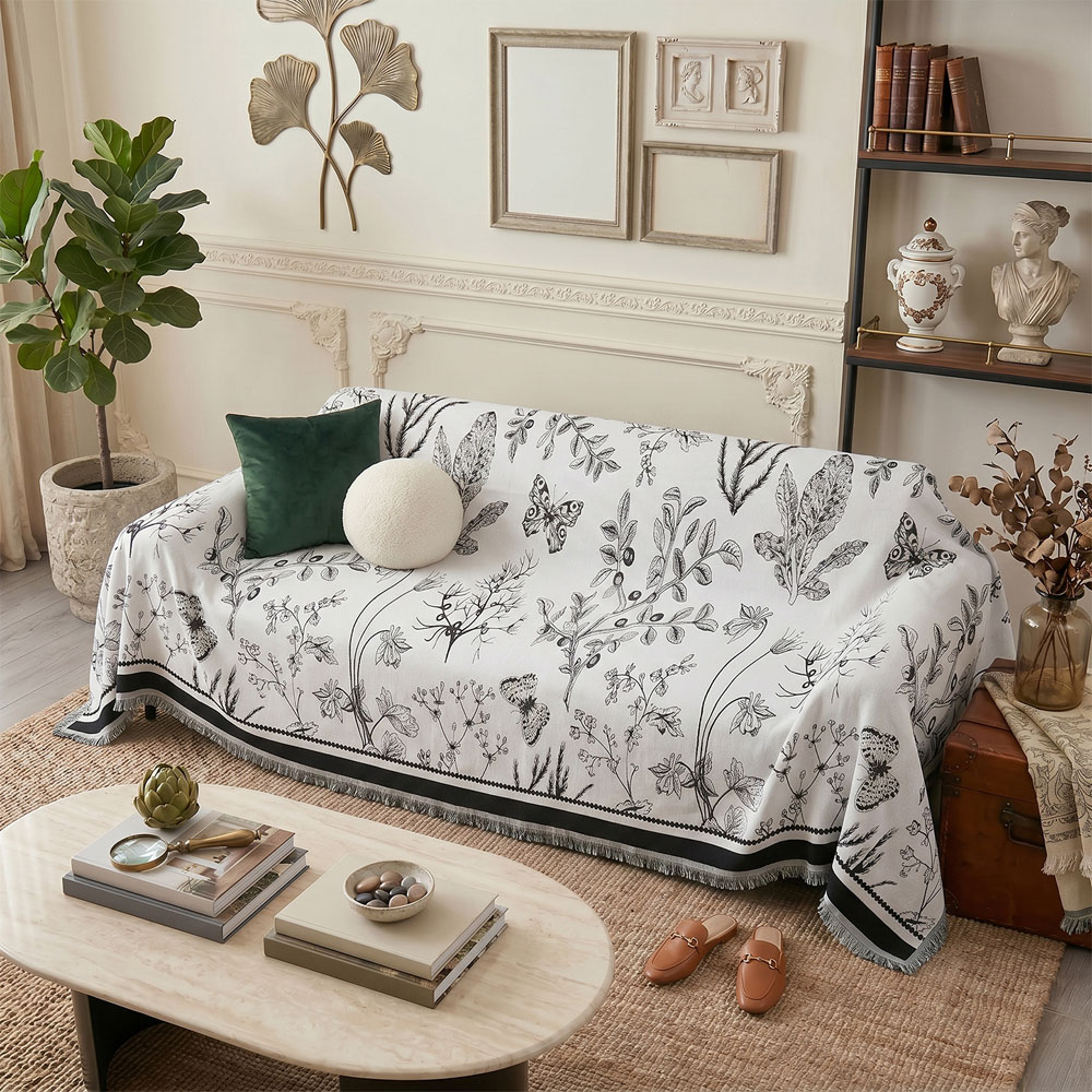Living and Home 4 Seater White and Black Butterfly Chenille Sofa Cover Image 7