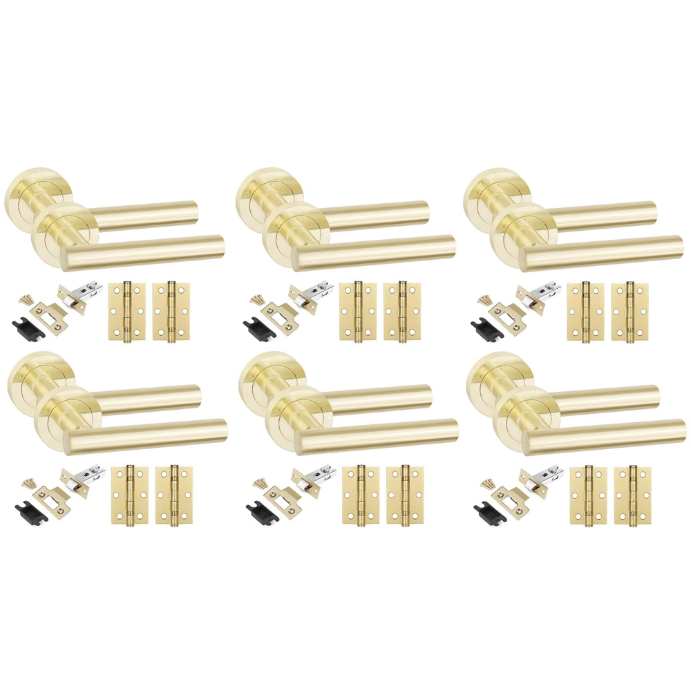 Golden Grace Satin Brass Straight T-Bar Door Handles Set 6 Pack Image 1