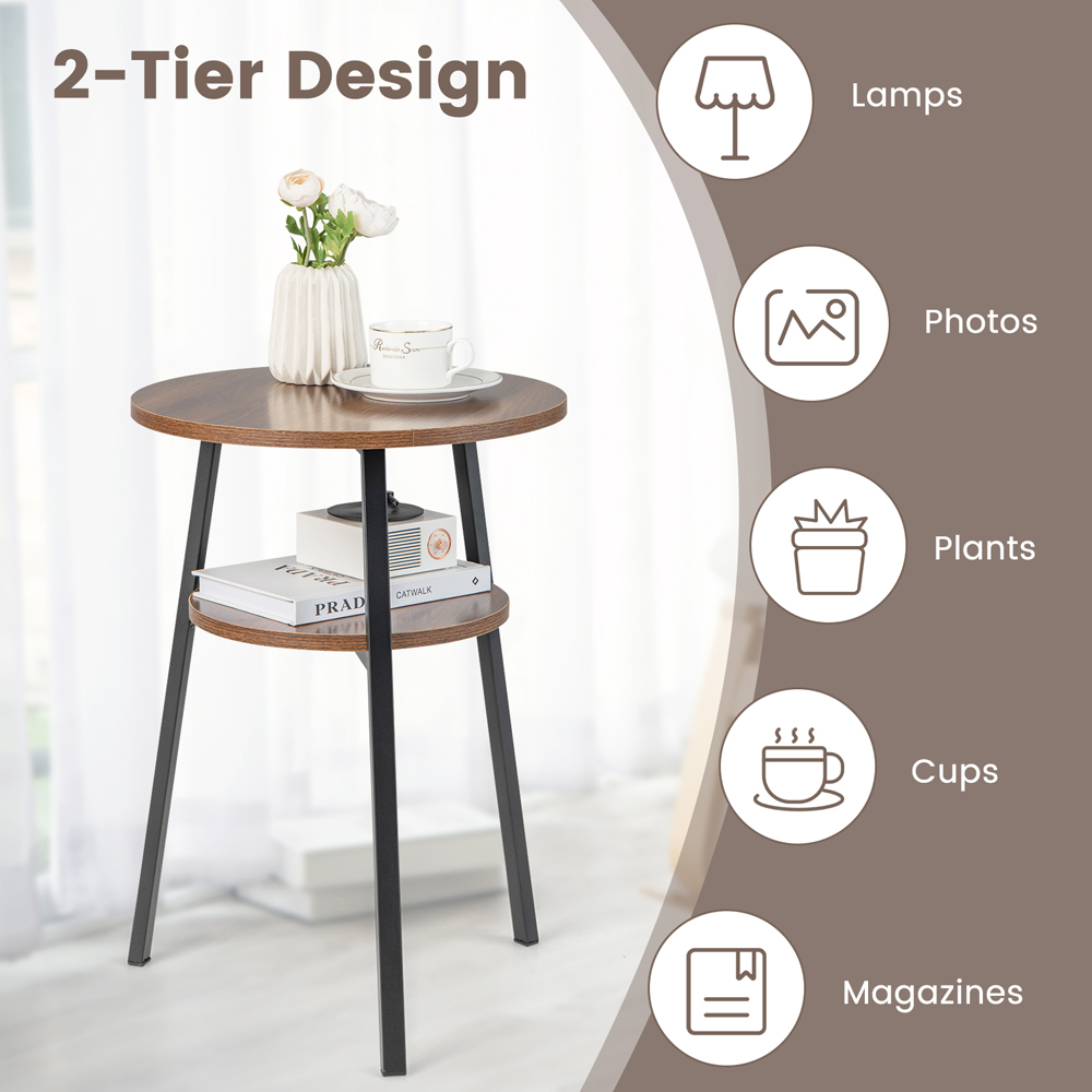 Costway 2 Shelf Walnut Round Wooden Side Table Image 4