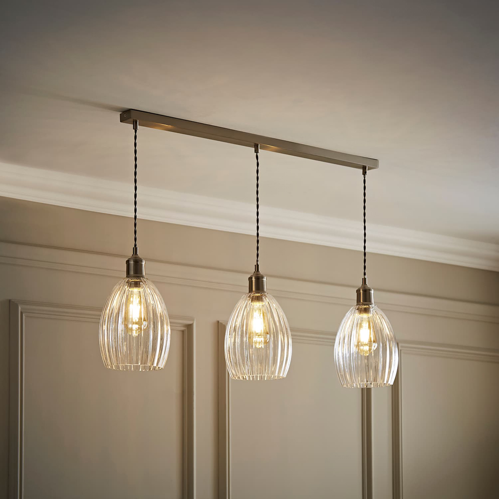 ValueLights Cheltenham Ribbed Shades Brushed Gold 3 Drop Bar Ceiling Light with Bulbs Image 6