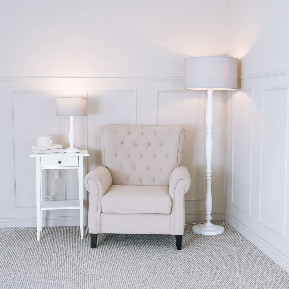 ValueLights Victoria Grey Fabric Drum Shade White Wood Traditional Stem LED Floor Lamp Image 4