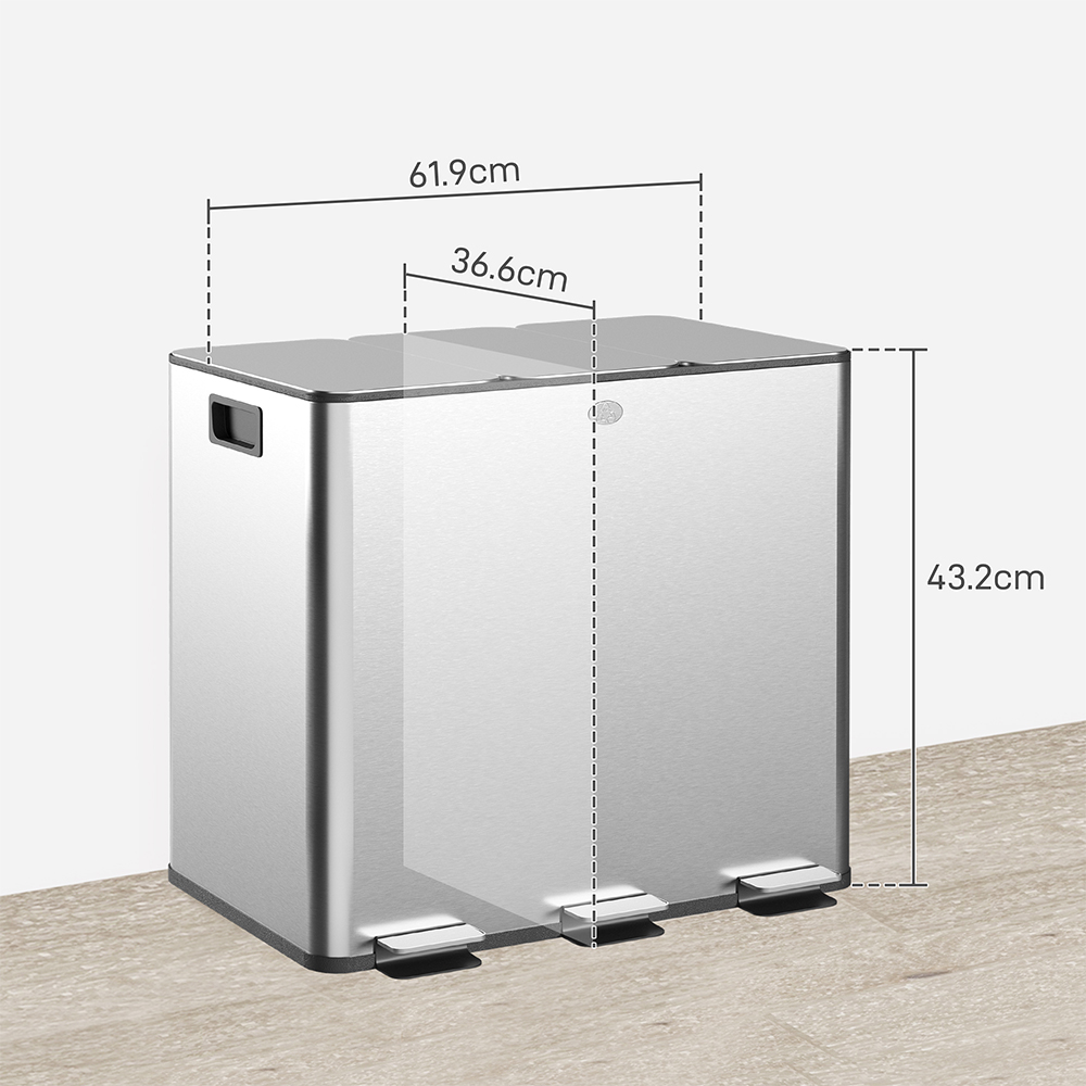 HOMCOM Silver Tone Triple Bin Kitchen Pedal Bin 45L Image 9