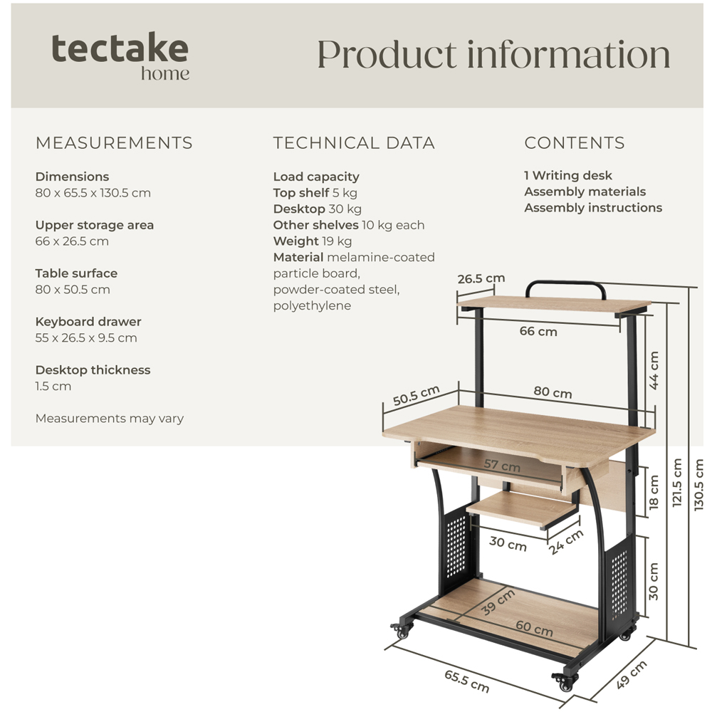 tectake Fife Oak Sonoma Office Desk with Keyboard Tray Image 8