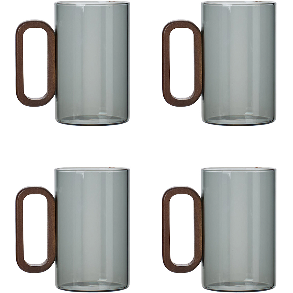 Living and Home 4 Piece Smoked Grey Borosilicate Glass Wooden Handle Mug Set 360ml Image 1