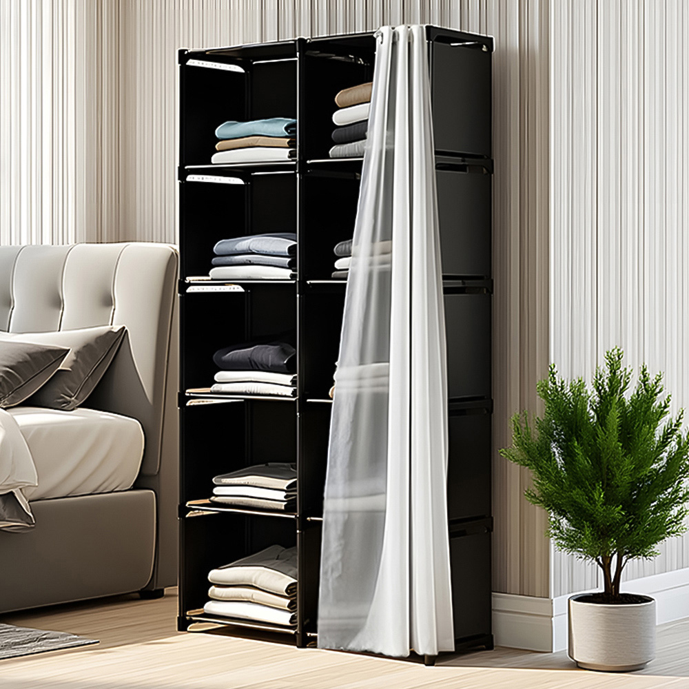 Living and Home 5-Tier Black Freestanding Portable Wardrobe with Double-Row Storage and Curtain Image 1