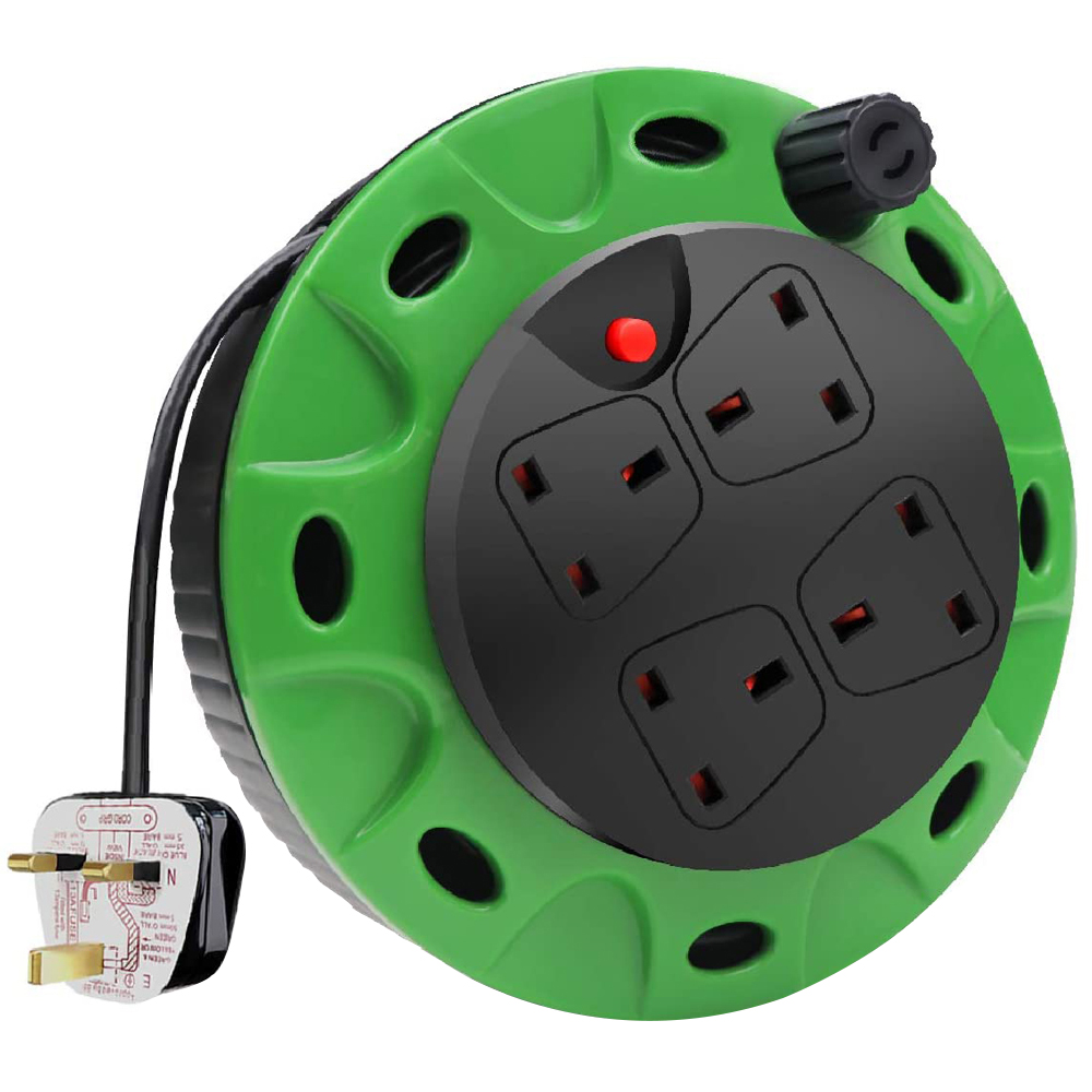 ExtraStar 13A 5m 4 Socket Green Unswitched Heavy Duty Cable Reel Image 1