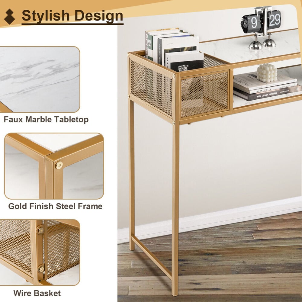 Costway Single Shelf White Faux Marble Narrow Console Table with Mesh Basket Image 4