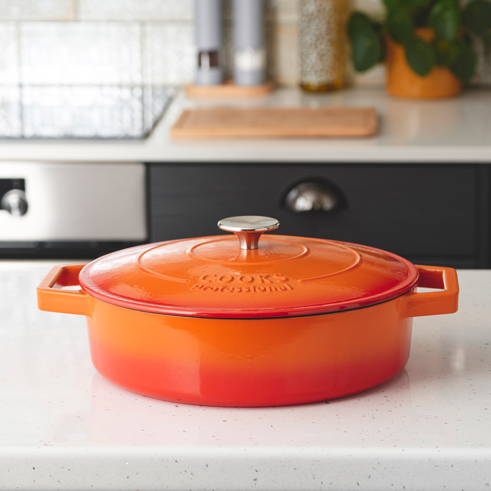 Cooks Professional 28cm Orange Cast Iron Casserole Dish with Lid Image 2