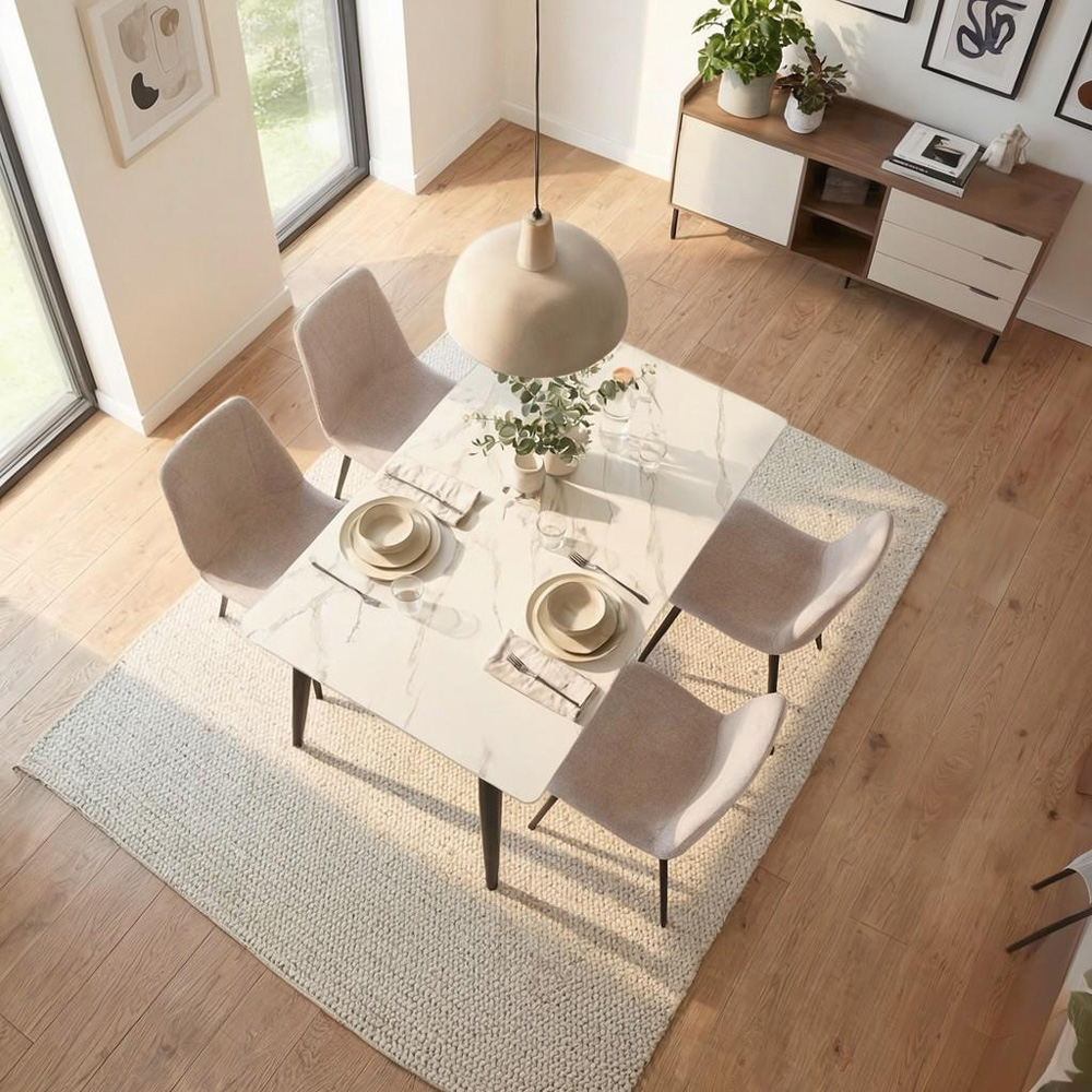 FWStyle Nova 4 Seater Sintered Stone Marble Effect Heat Resistant Fixed Top Dining Table Cream Image 3
